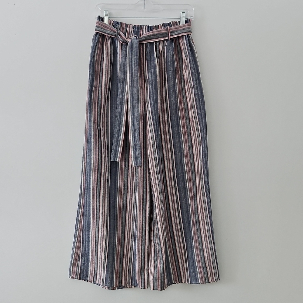 THML Anthropologie Pink Blue Striped Wide Leg Linen Pants‎ Size Medium